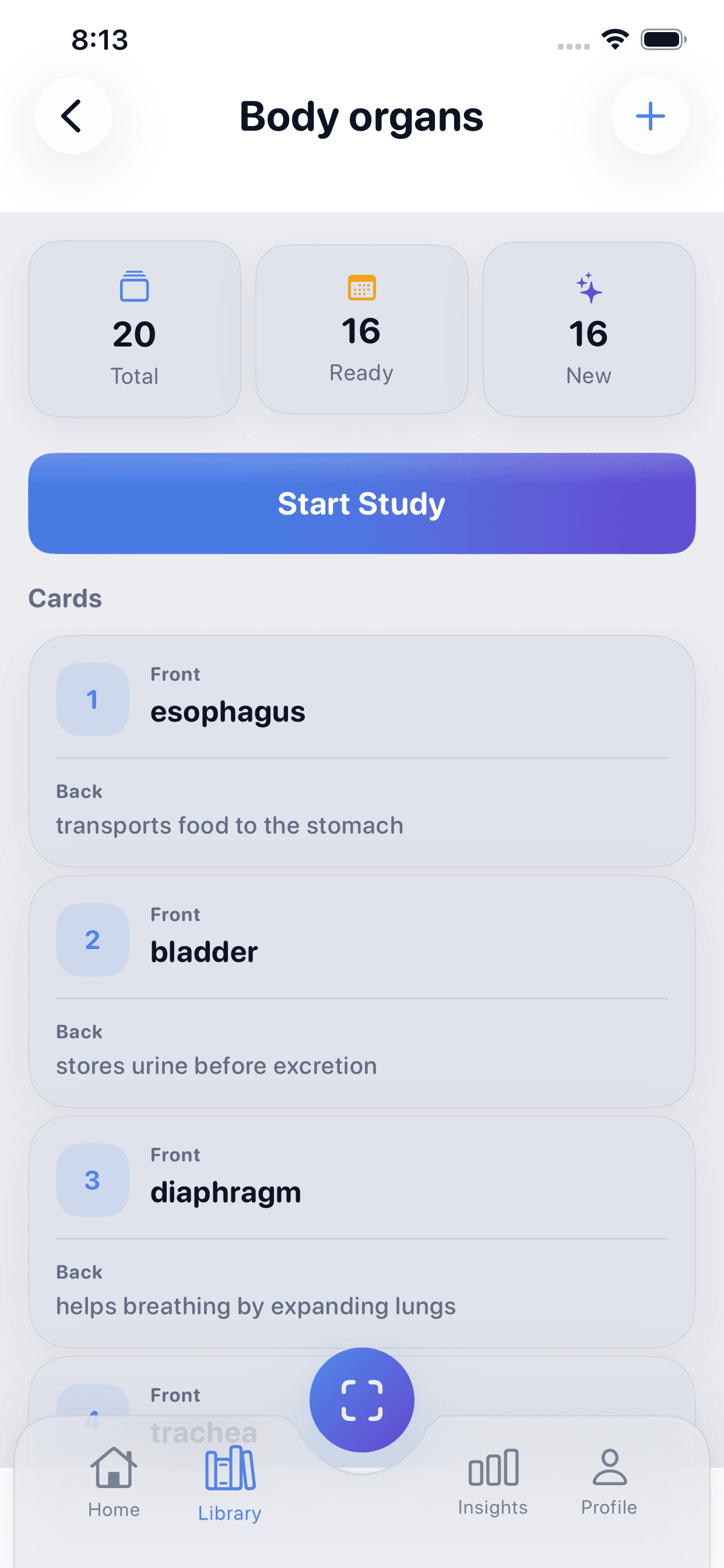 Vista de detalle de un deck con tarjetas y estado de repaso.