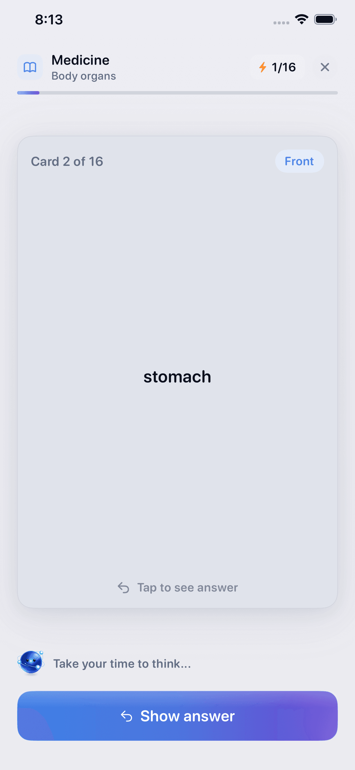 Sesion de estudio de Neurova mostrando el frente de una flashcard.