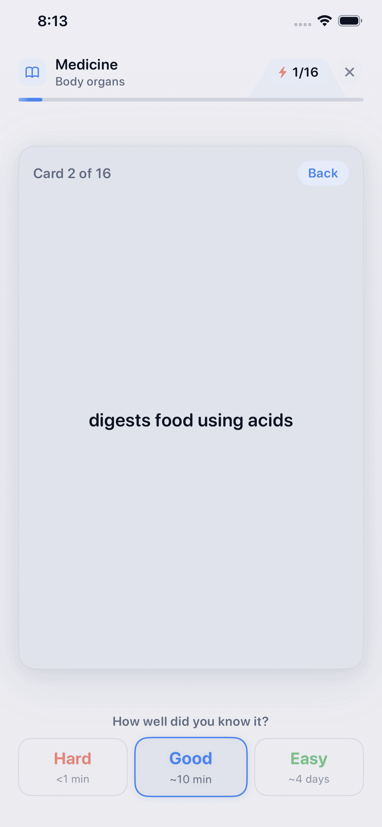 Sesion de estudio de Neurova con opciones de repeticion espaciada.