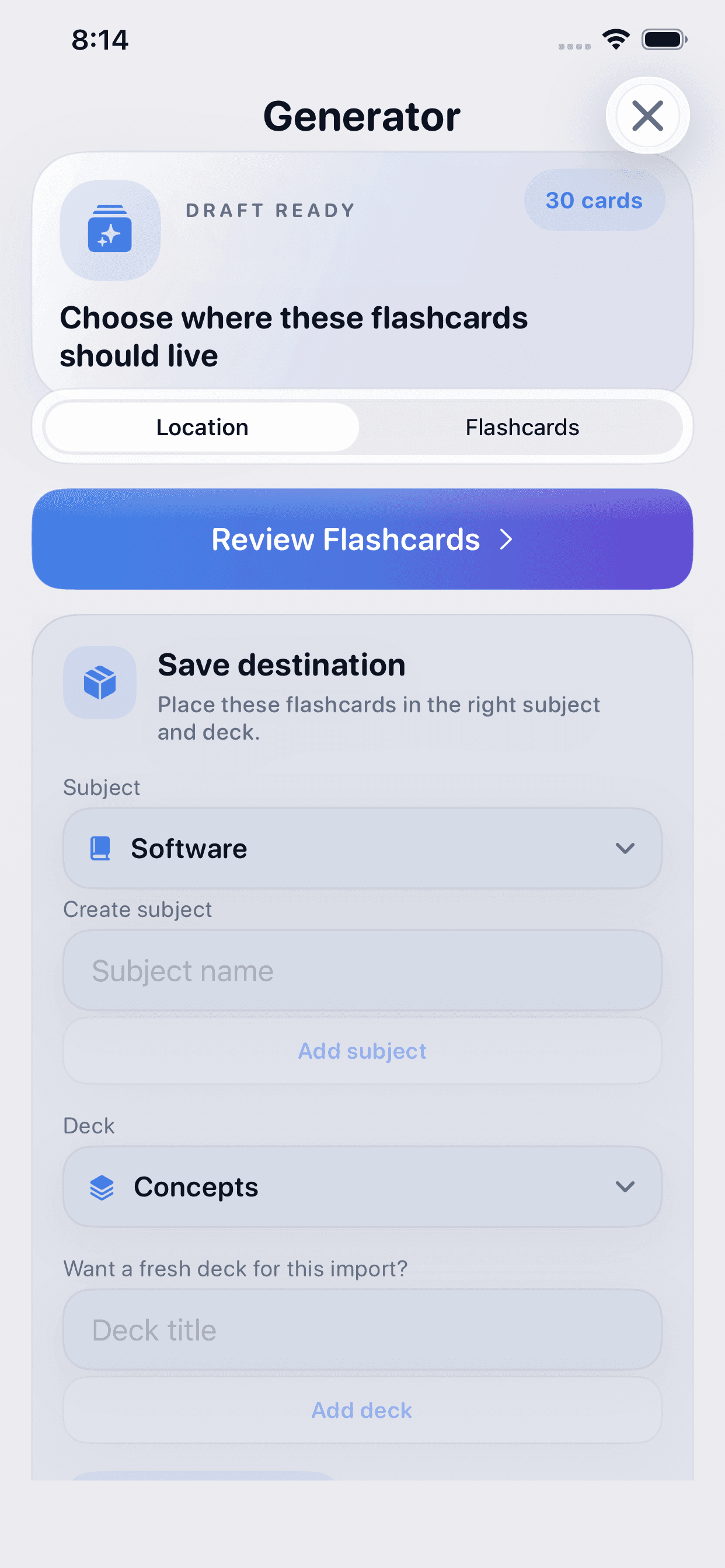 Flujo del generador para guardar flashcards en una materia y deck.
